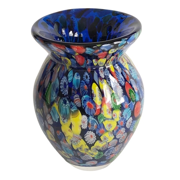 Millefiori Cobalt Blue Art Glass Bouquet Vase 7in Tall Heavy!